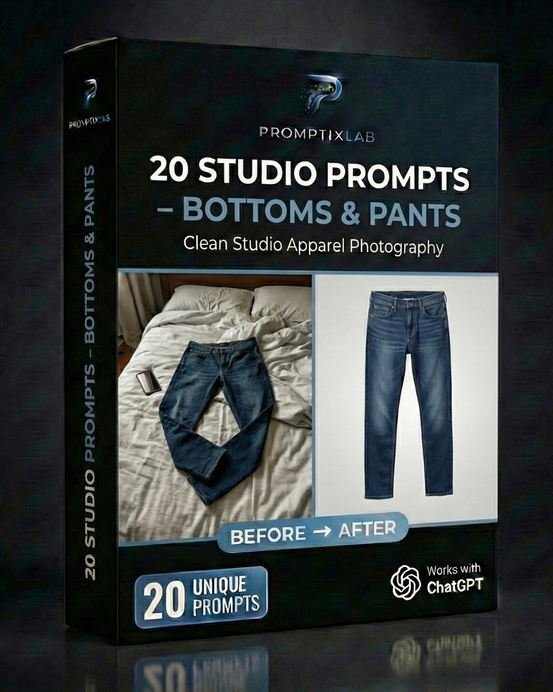 20 PROMPTS – STUDIO BOTTOMS & PANTS EDITION – Fotografía de pantalones en estudio