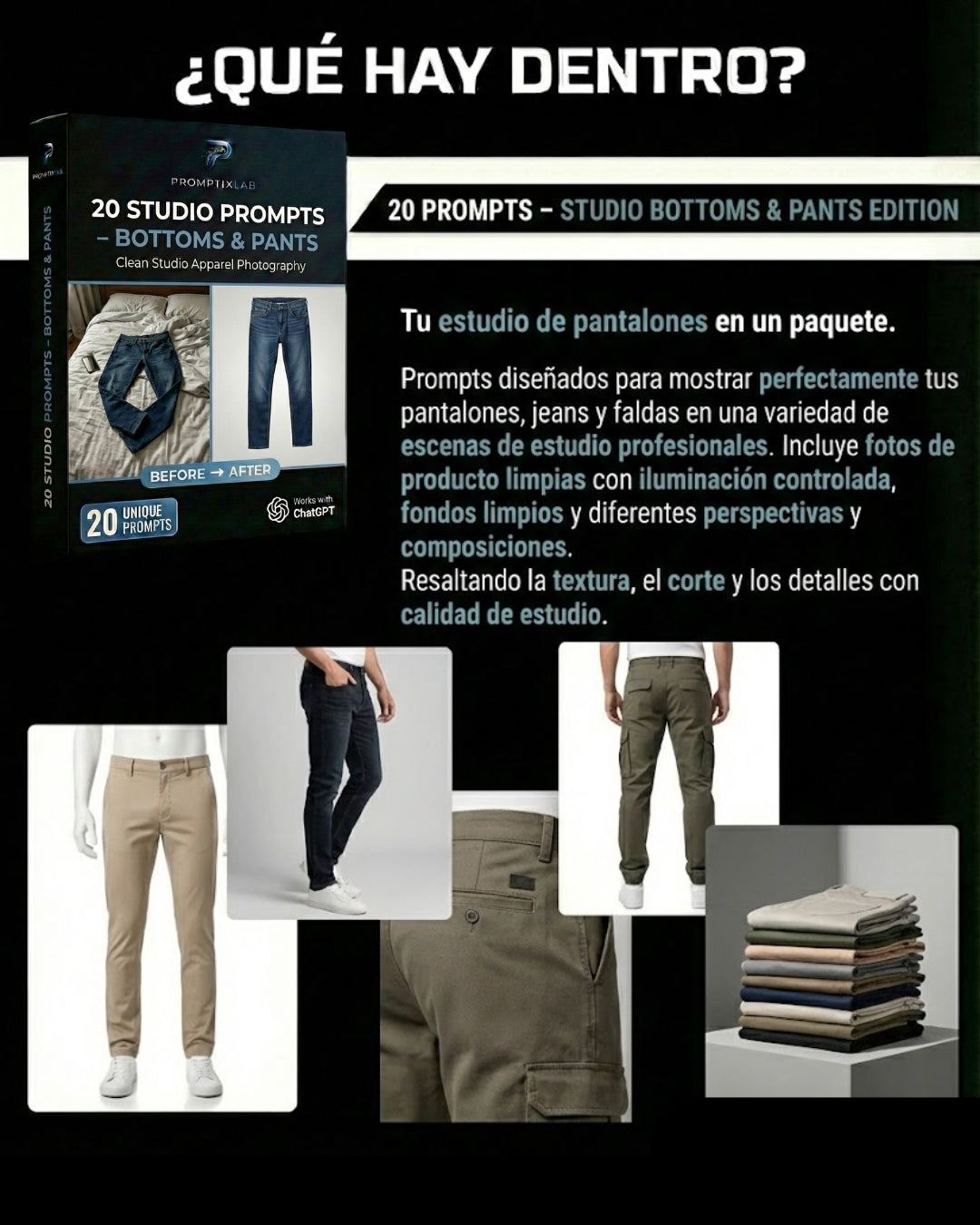 20 PROMPTS – STUDIO BOTTOMS & PANTS EDITION – Fotografía de pantalones en estudio