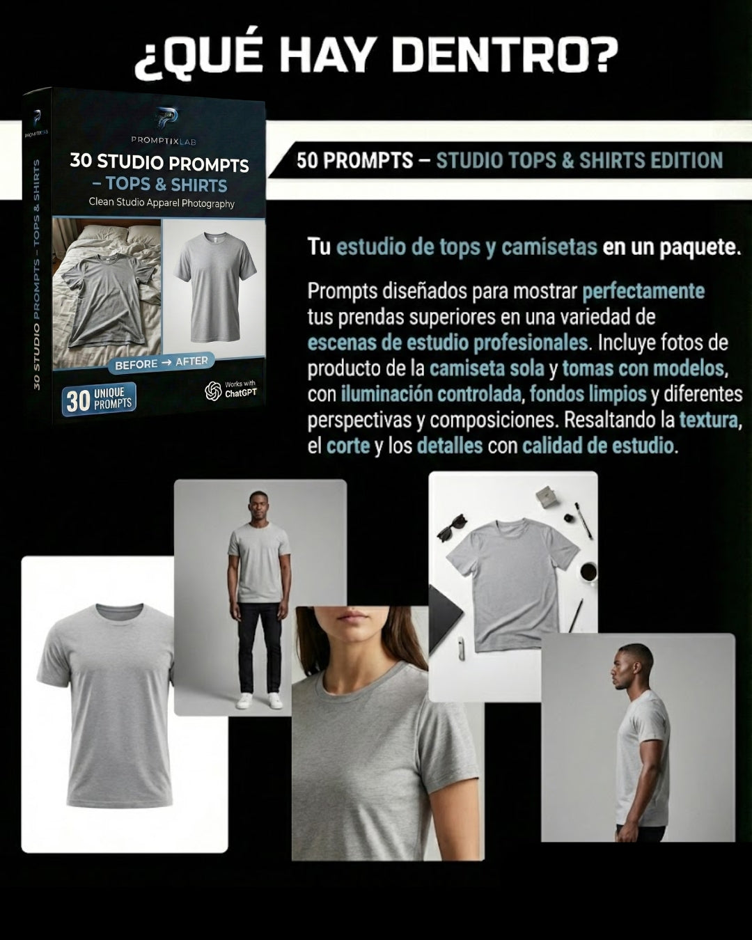 30 PROMPTS – STUDIO TOPS & SHIRTS EDITION – Fotografía limpia y profesional de estudio